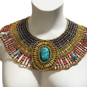 Ancient Egyptian Revival Beaded Scarab Collar Necklace Handmade Statement Piece